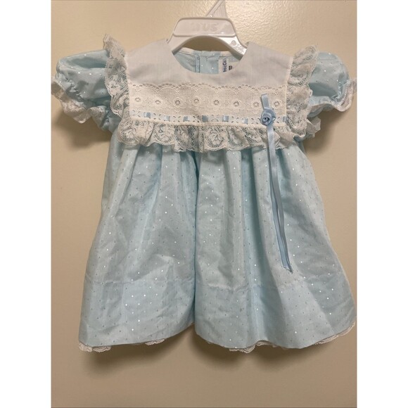 C.I. Castro & Co VTG Baby Girls Pinafore Style Blue Lace Dress Diaper Cover 18M - Picture 2 of 11